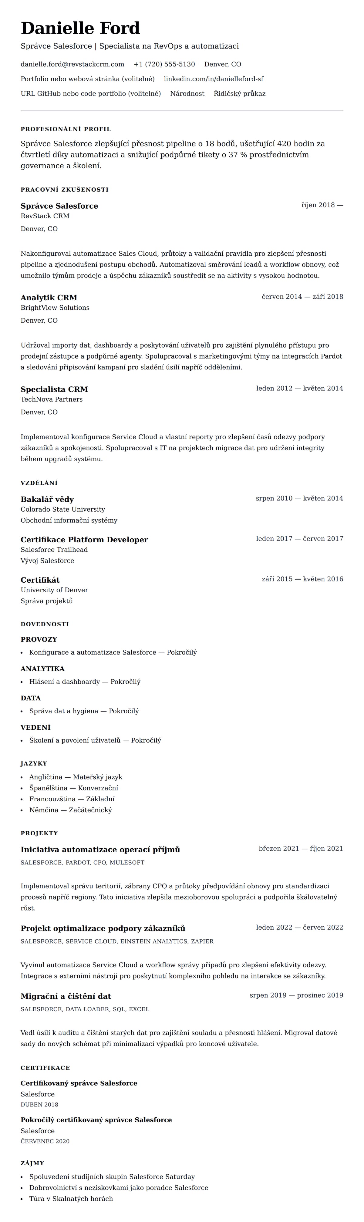 Náhled životopisu pro Příklad životopisu správce Salesforce
