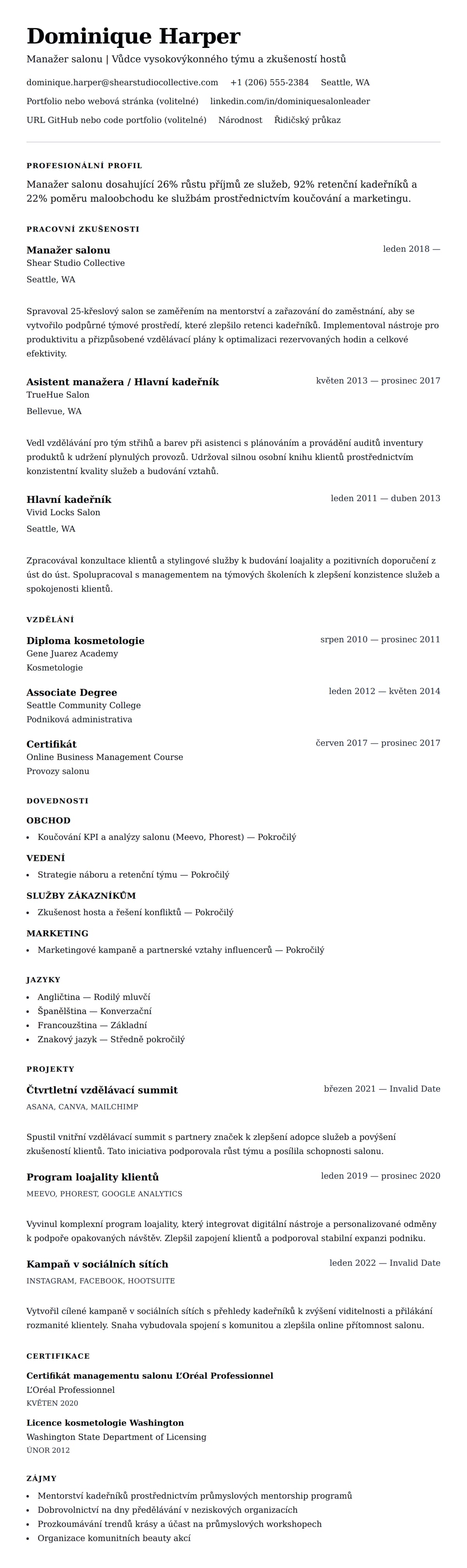 Náhled životopisu pro Příklad životopisu manažera salonu