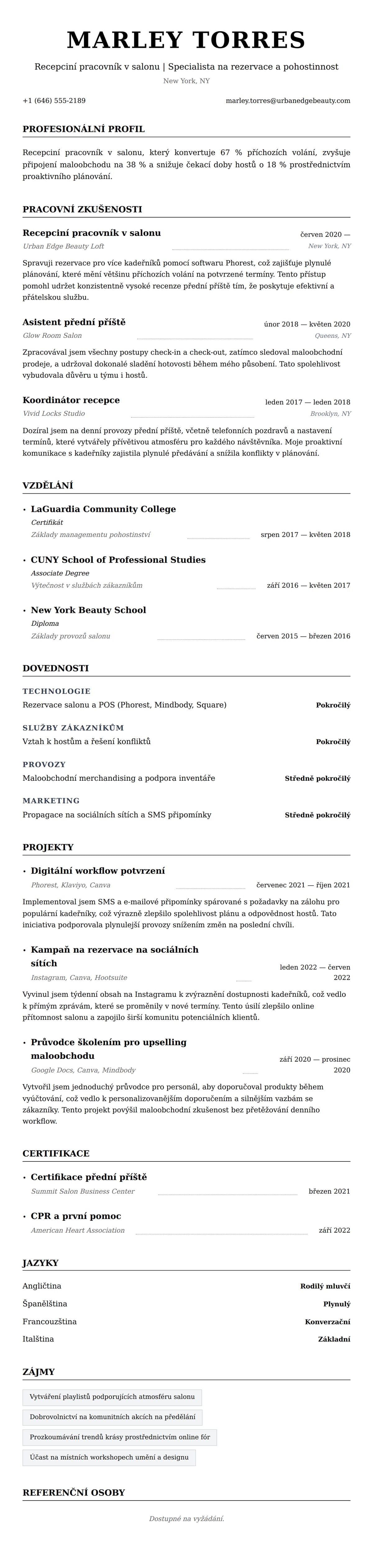 Náhled životopisu pro Příklad životopisu pro recepčního pracovníka v salonu