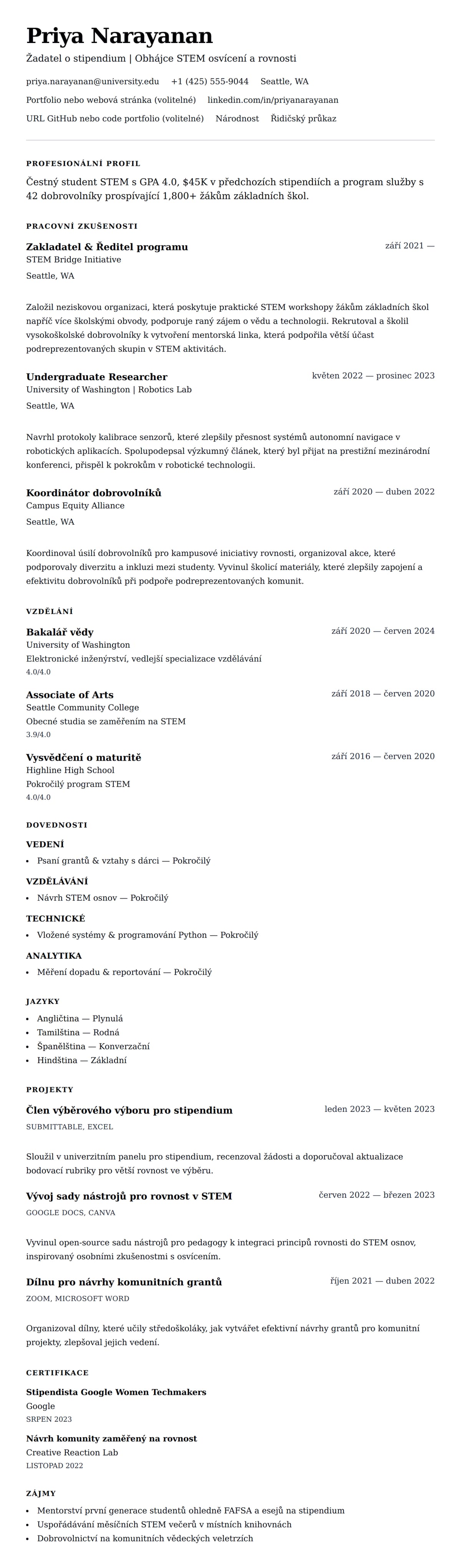 Náhled životopisu pro Příklad životopisu pro stipendium