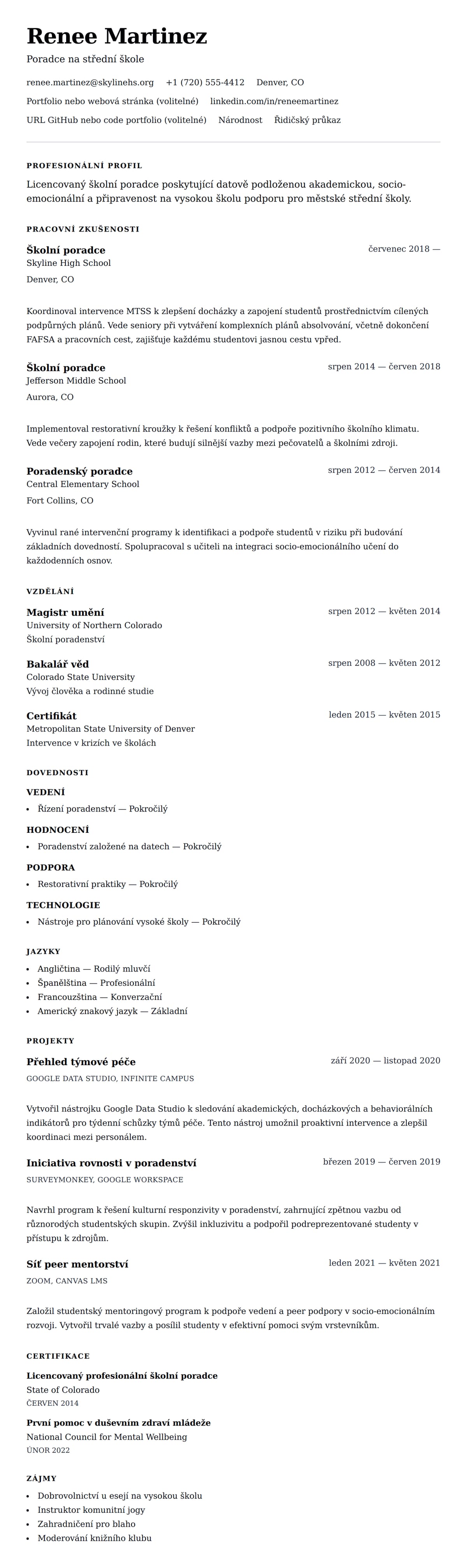 Náhled životopisu pro Příklad životopisu školního poradce