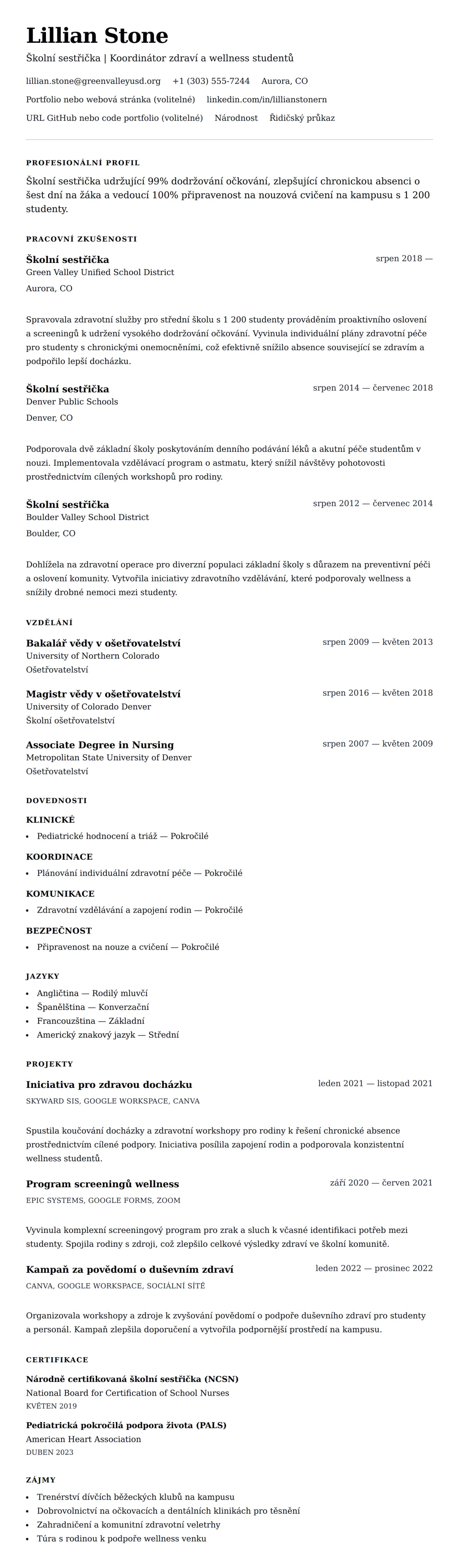 Náhled životopisu pro Příklad životopisu školní sestry