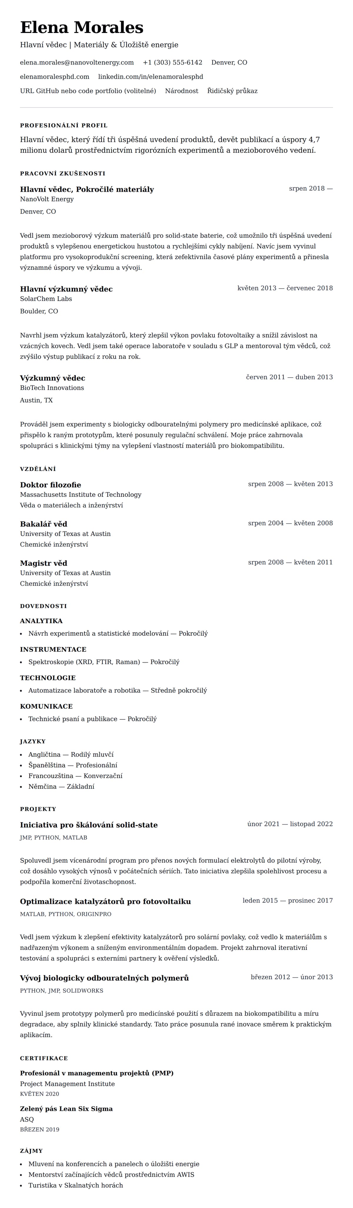 Náhled životopisu pro Příklad životopisu vědce