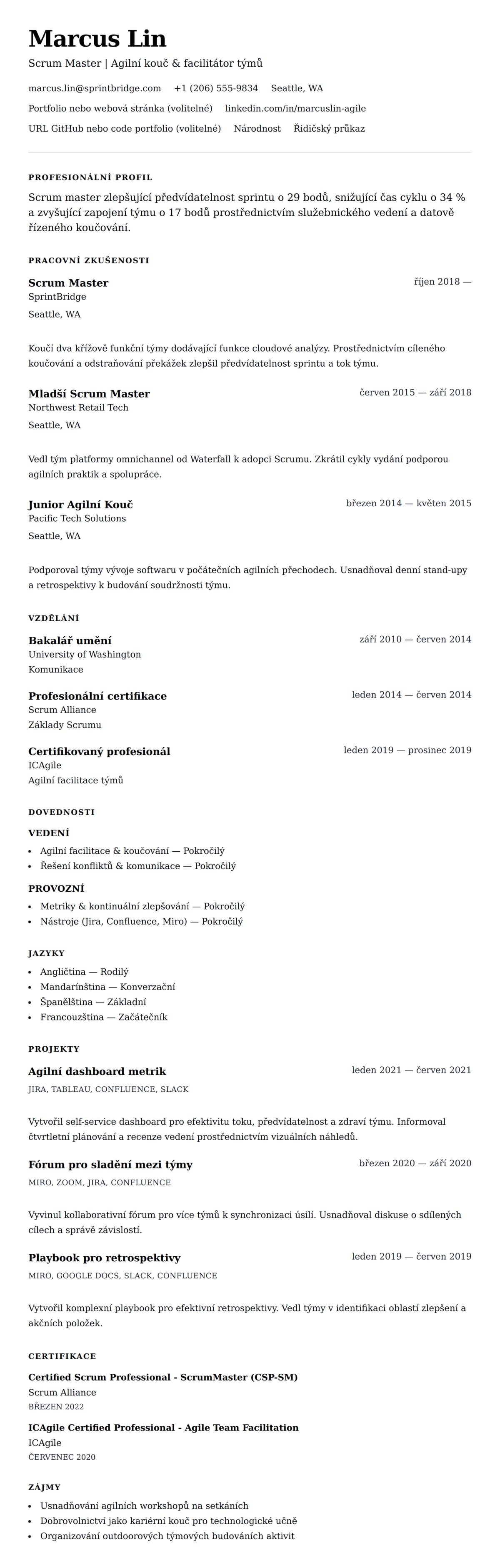 Náhled životopisu pro Příklad životopisu Scrum Mastera