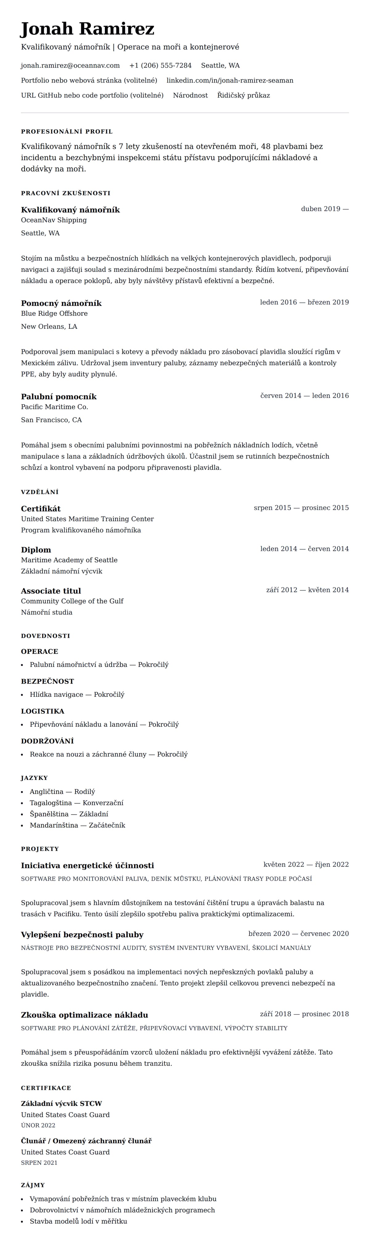 Náhled životopisu pro Příklad životopisu námořníka