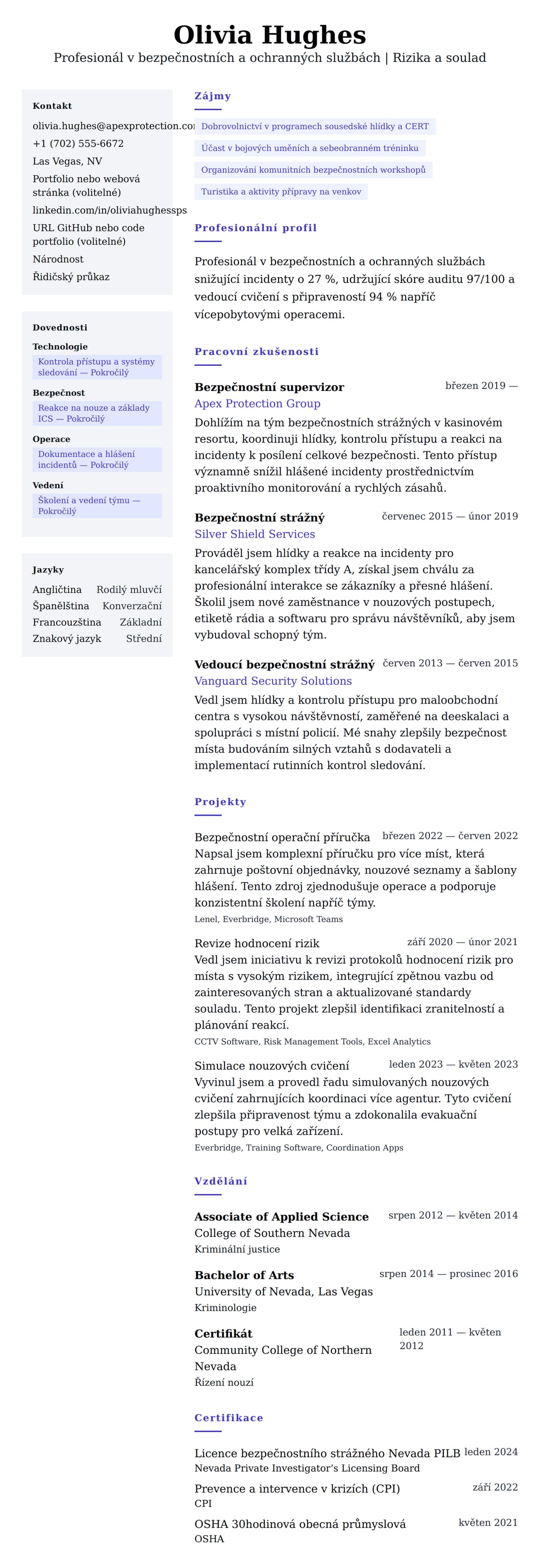 Náhled životopisu pro Příklad životopisu profesionála v bezpečnostních a ochranných službách