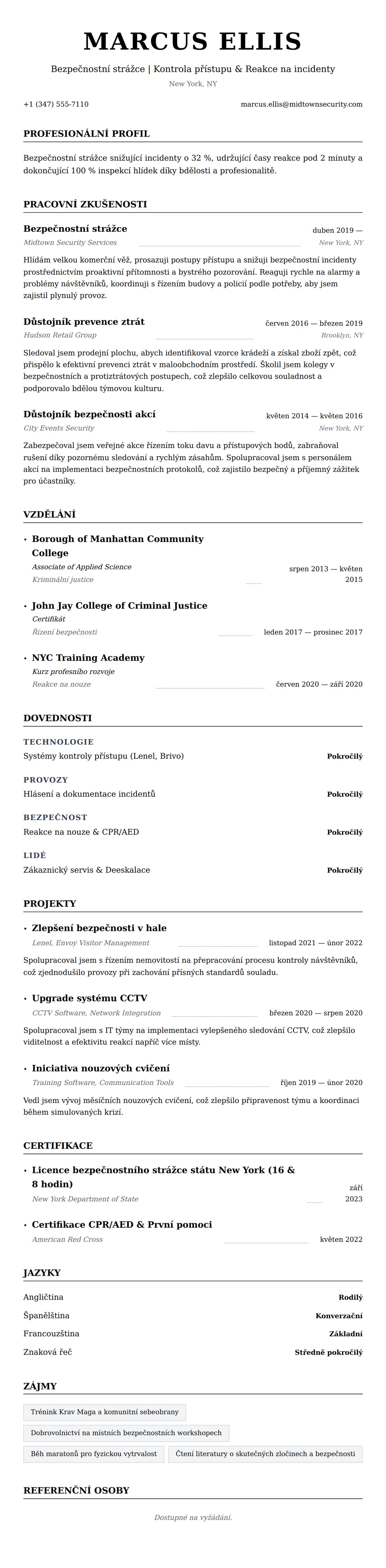 Náhled životopisu pro Příklad životopisu bezpečnostního strážce