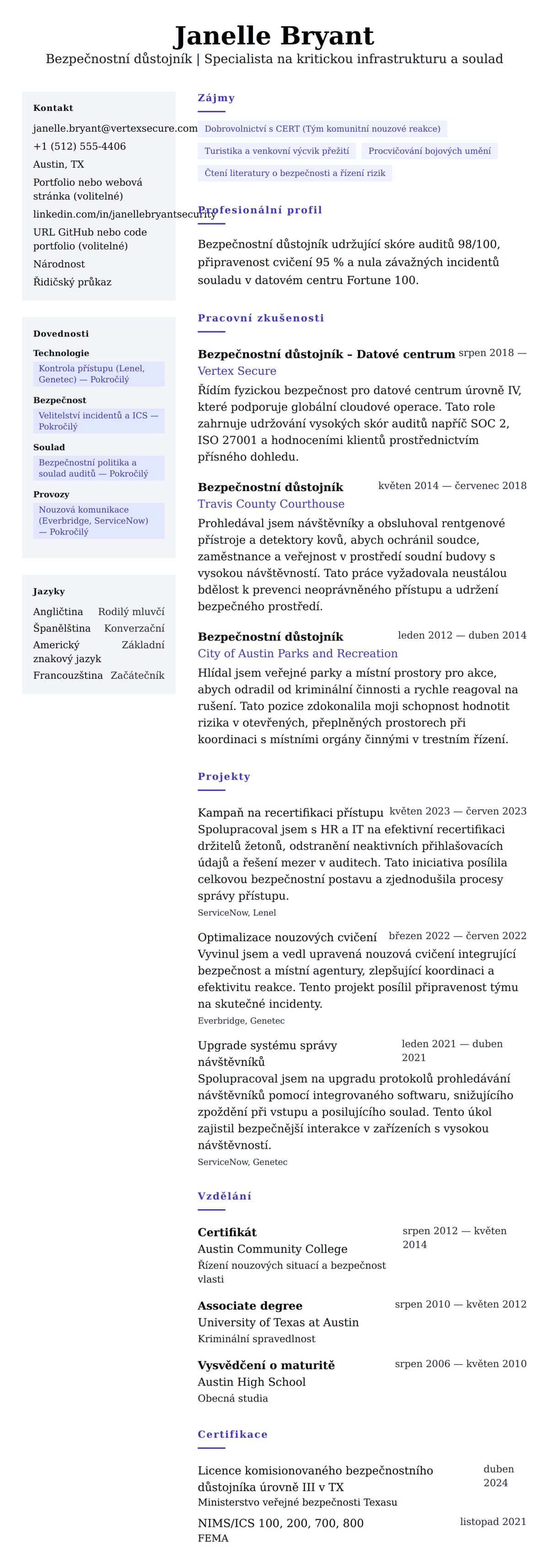 Náhled životopisu pro Příklad životopisu bezpečnostního důstojníka