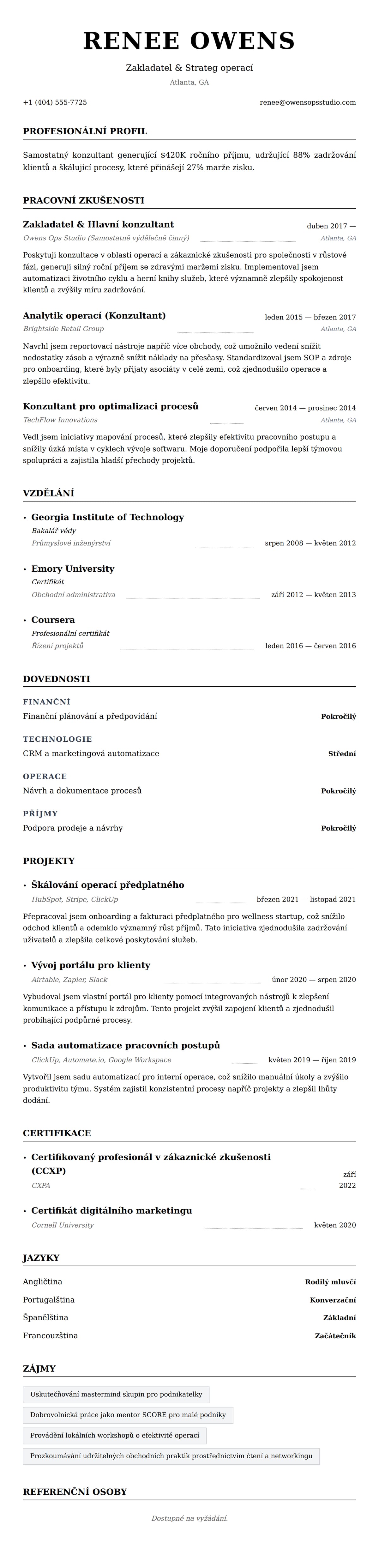 Náhled životopisu pro Příklad životopisu pro samostatného profesionála