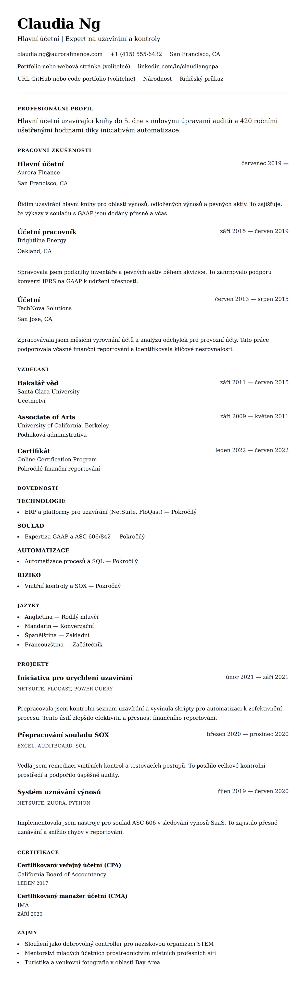 Náhled životopisu pro Příklad životopisu hlavního účetního