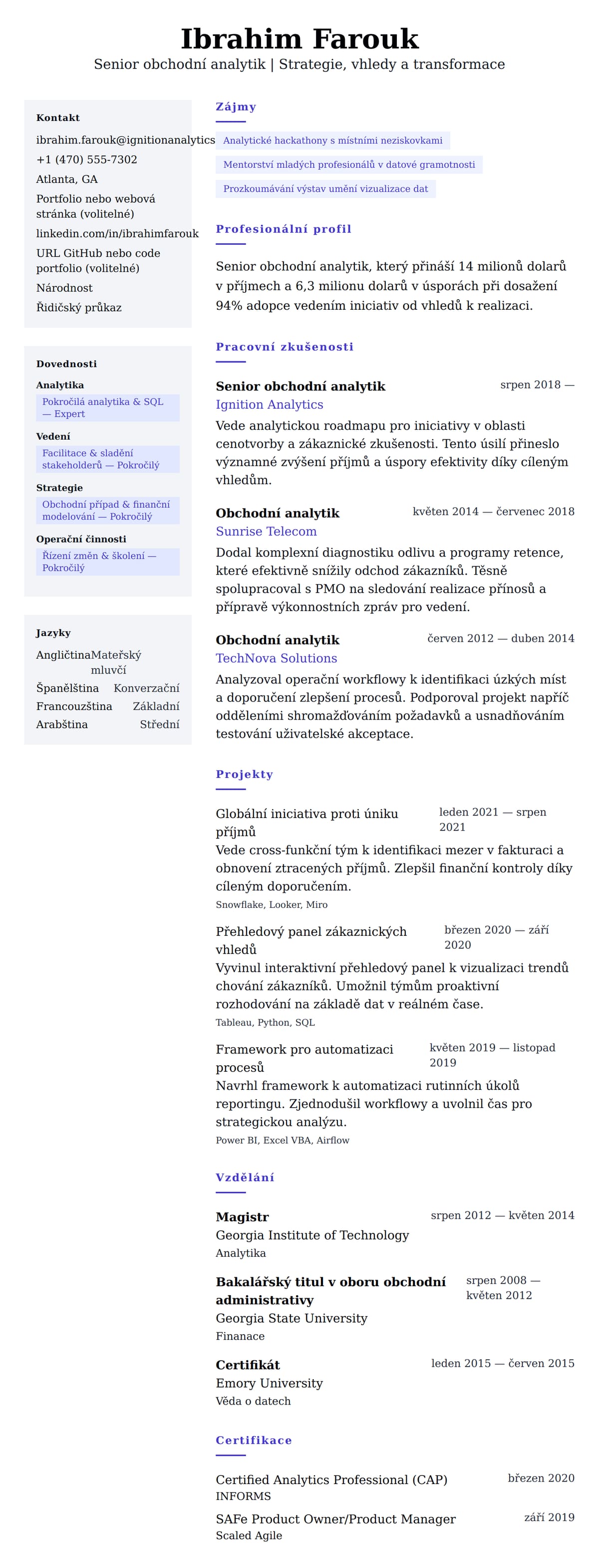 Náhled životopisu pro Příklad životopisu senior obchodního analytika