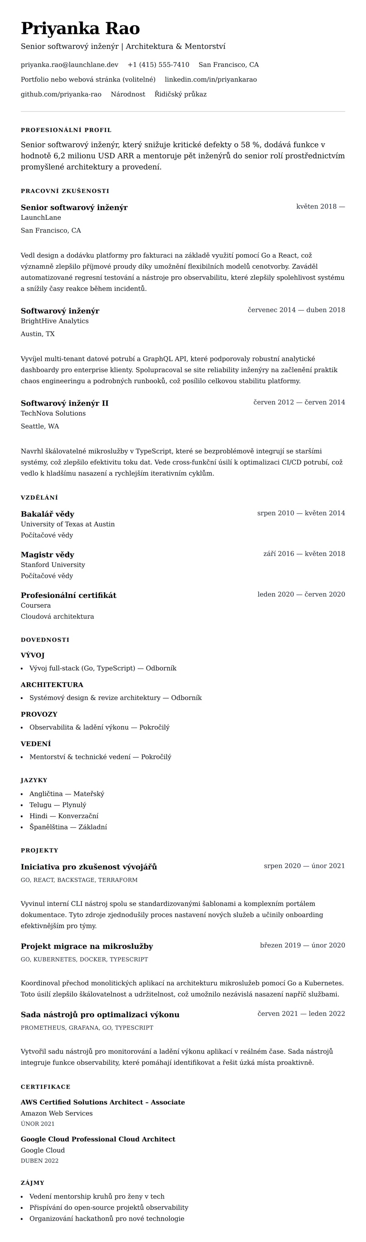 Náhled životopisu pro Příklad životopisu pro senior softwarového inženýra