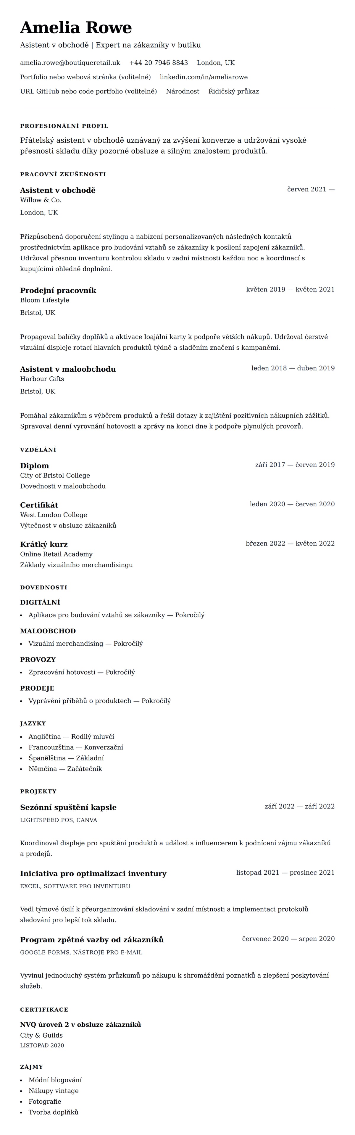 Náhled životopisu pro Příklad životopisu pro asistenta v obchodě