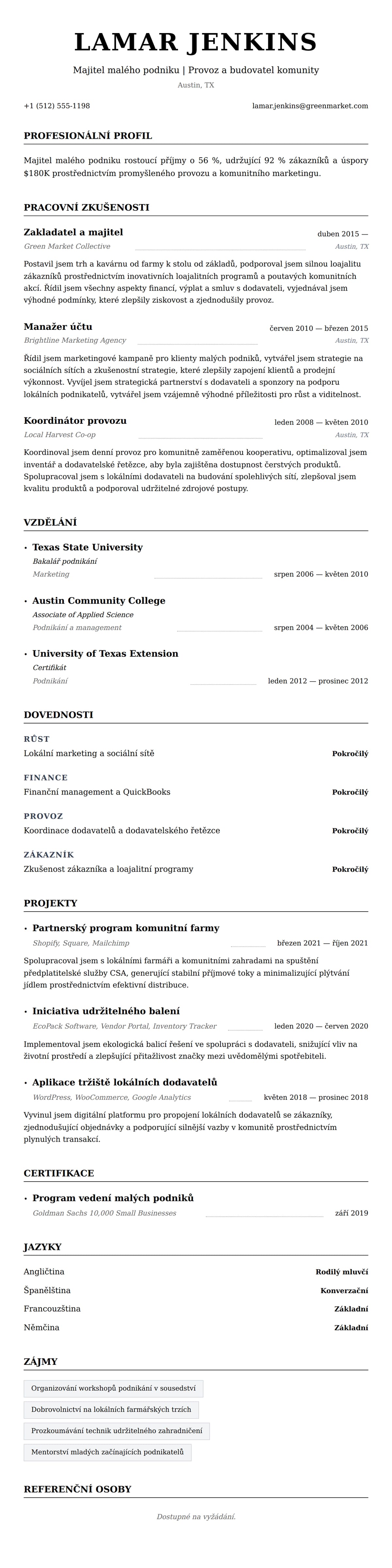 Náhled životopisu pro Příklad životopisu majitele malého podniku