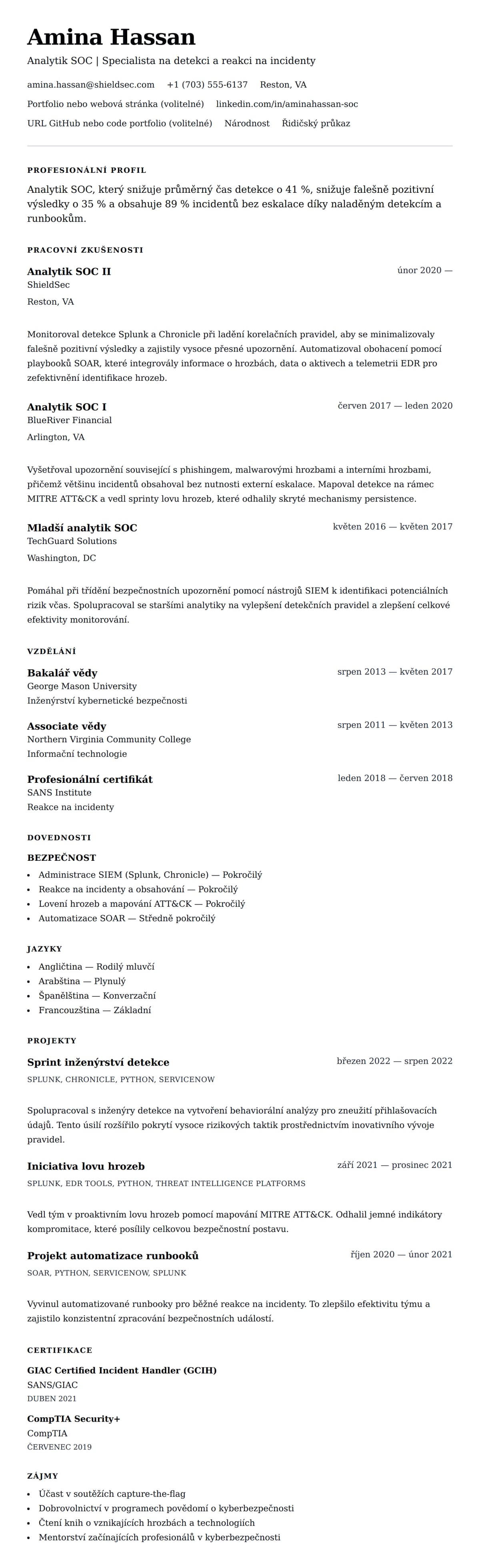 Náhled životopisu pro Příklad životopisu analytika SOC