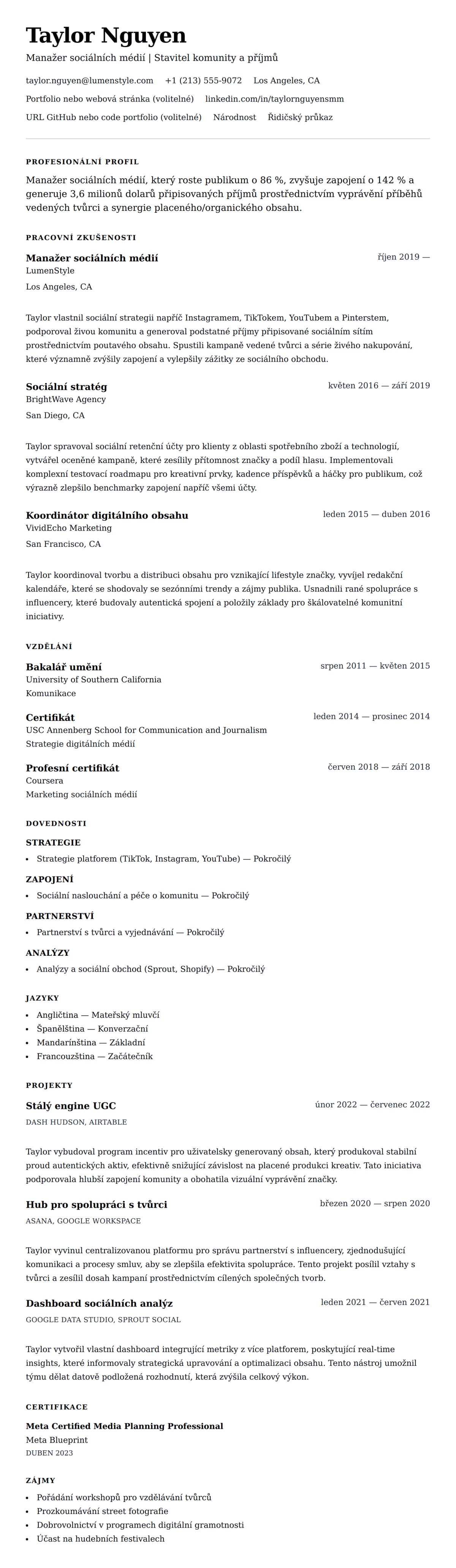 Náhled životopisu pro Příklad životopisu manažera sociálních médií