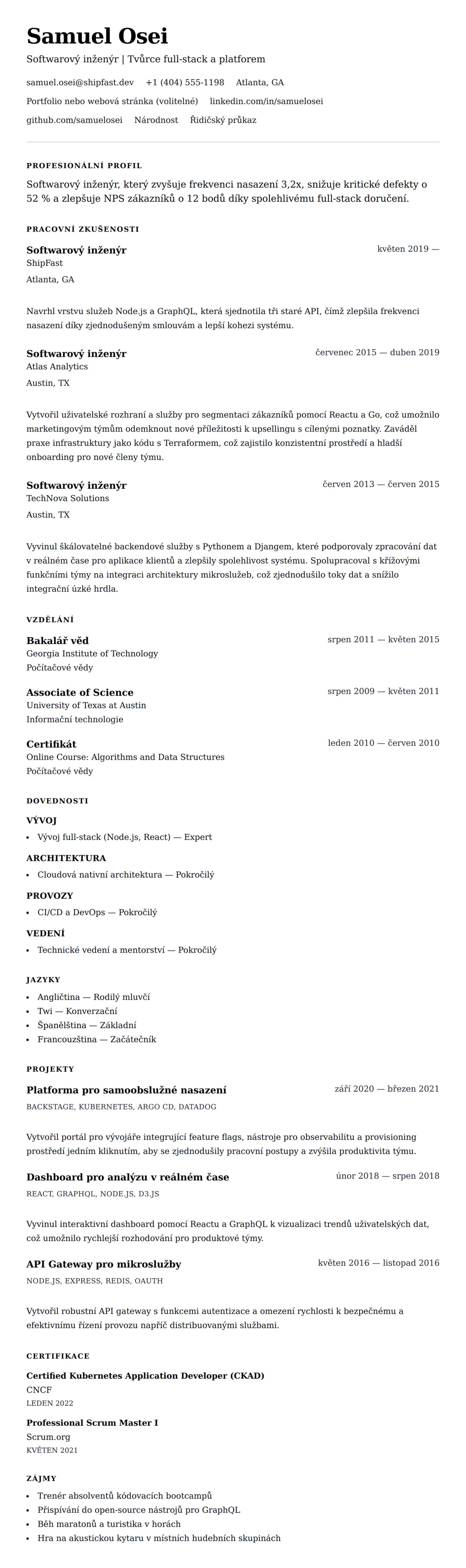 Náhled životopisu pro Příklad životopisu softwarového inženýra
