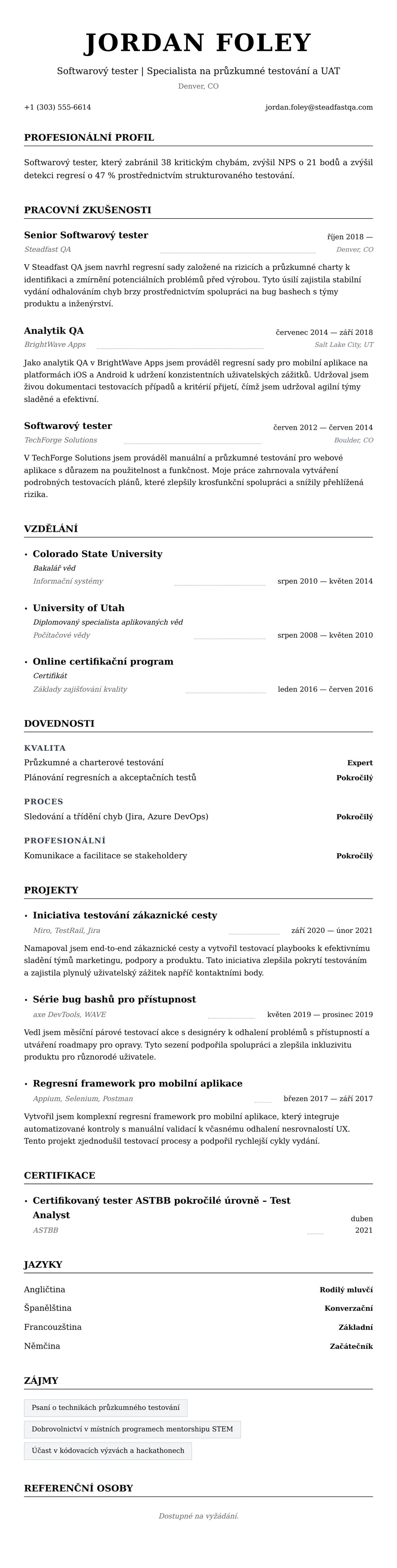 Náhled životopisu pro Příklad životopisu softwarového testera