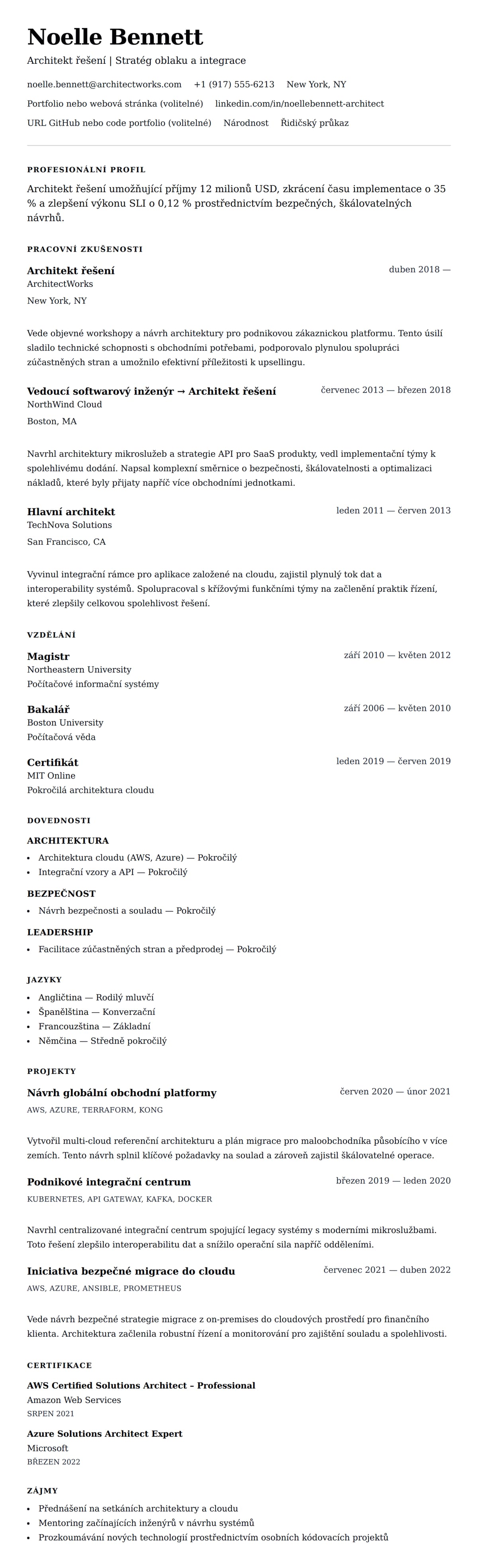 Náhled životopisu pro Příklad životopisu architekta řešení