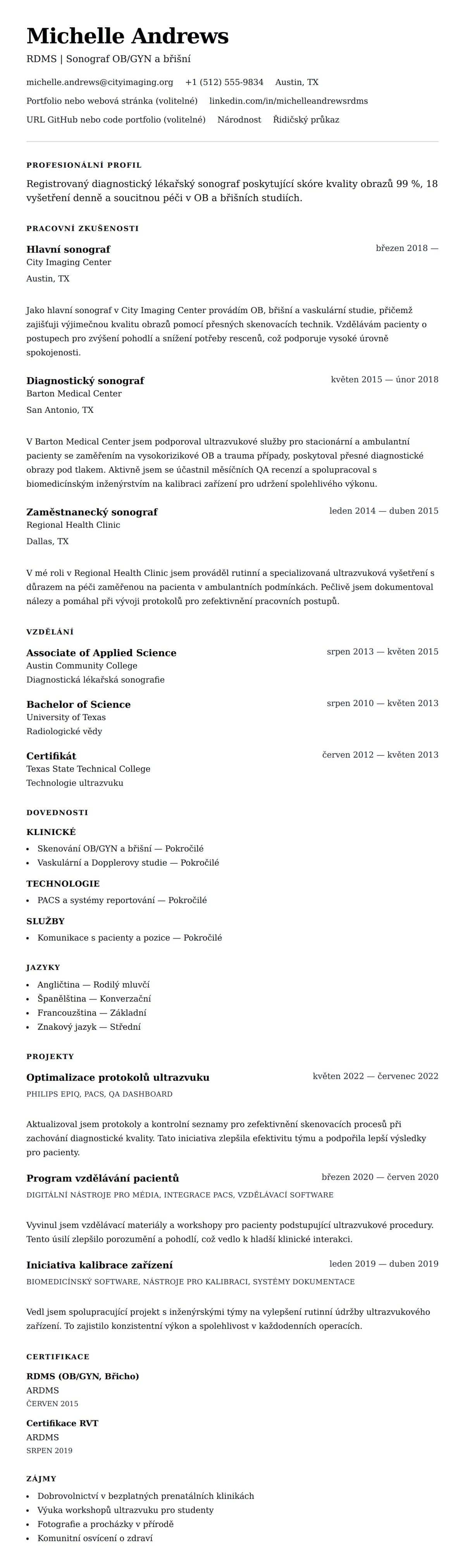 Náhled životopisu pro Příklad životopisu sonografa