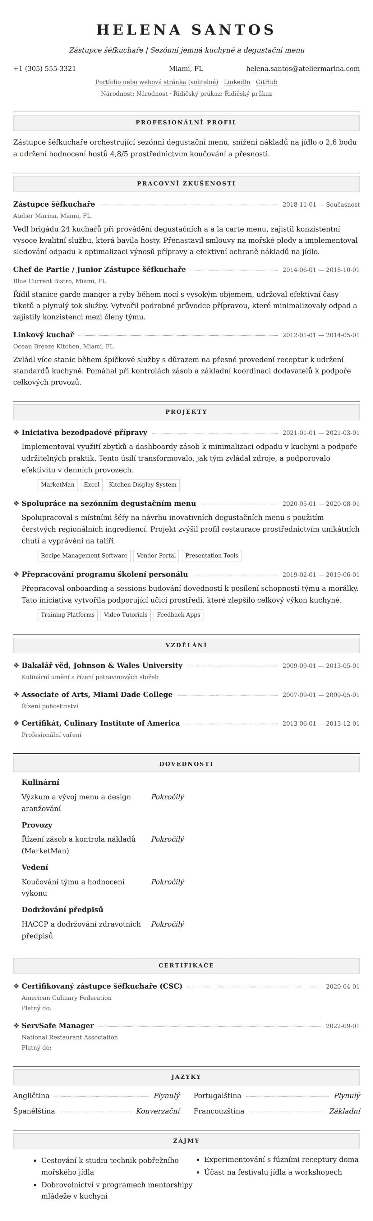 Náhled životopisu pro Příklad životopisu zástupce šéfkuchaře