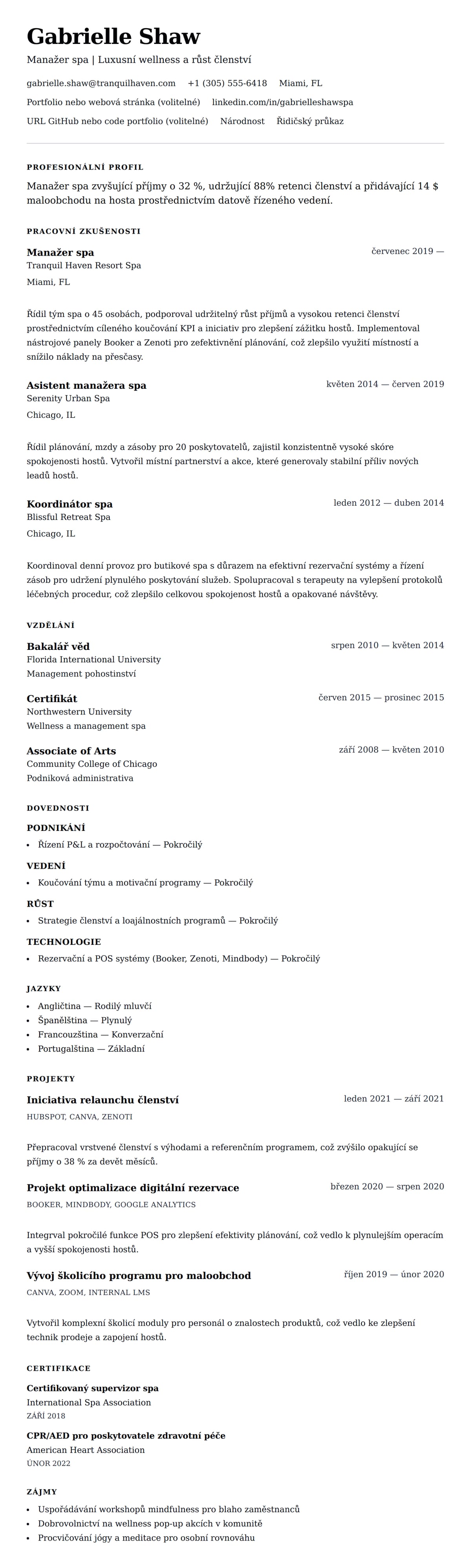 Náhled životopisu pro Příklad životopisu manažera spa