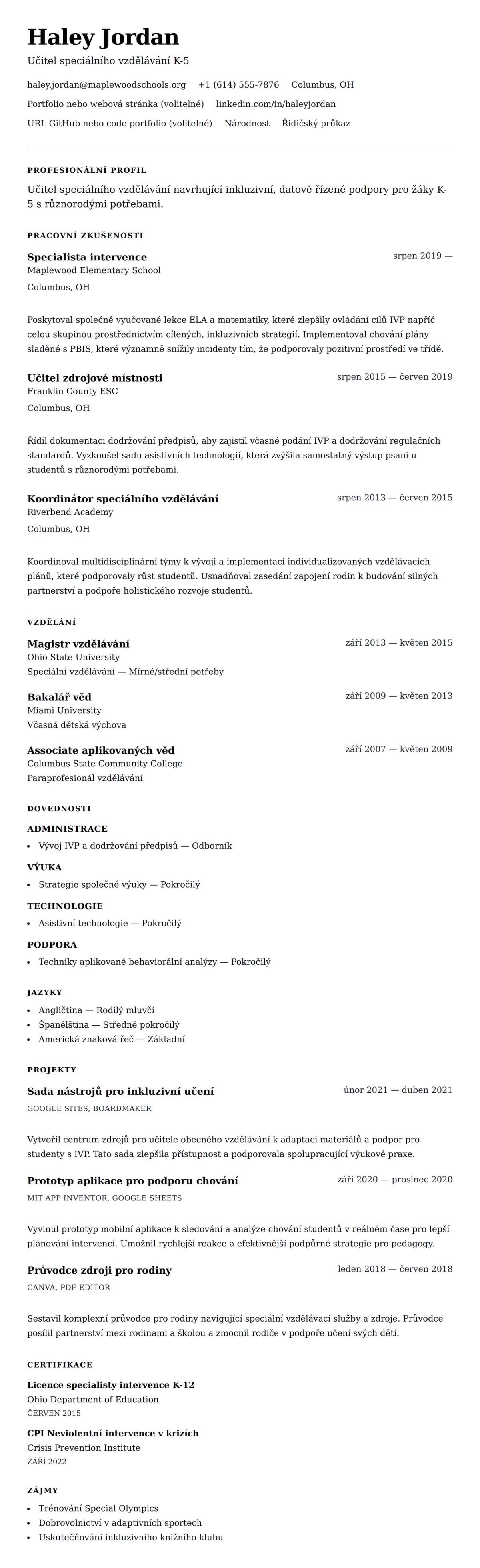 Náhled životopisu pro Příklad životopisu učitele speciálního vzdělávání