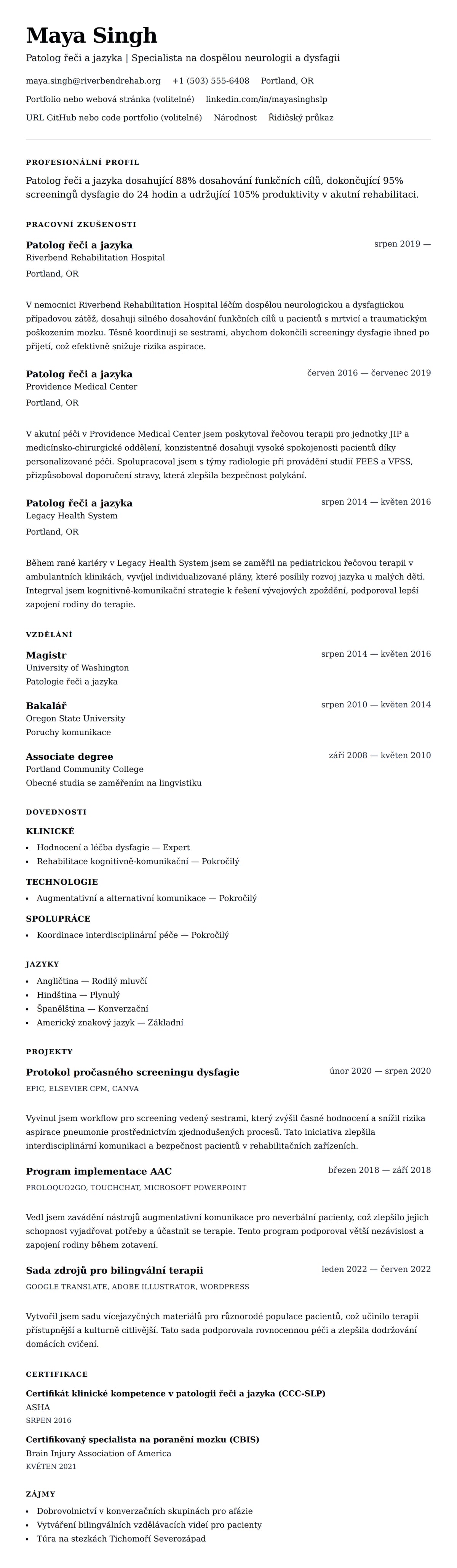 Náhled životopisu pro Příklad životopisu patologa řeči a jazyka (SLP)