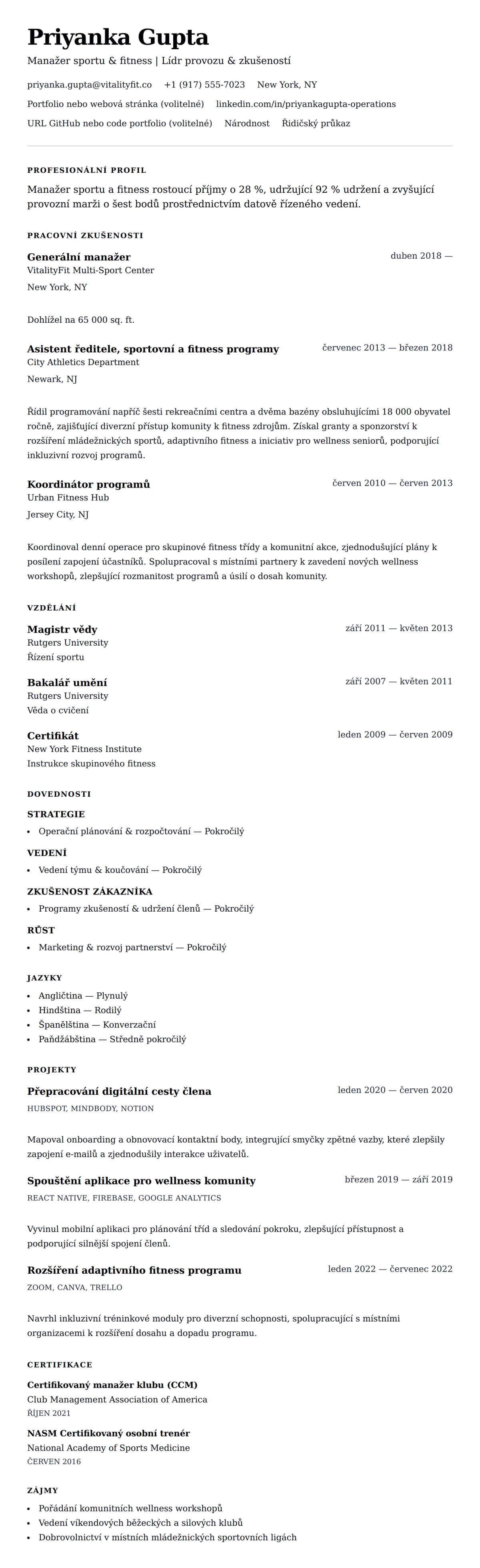 Náhled životopisu pro Příklad životopisu Manažera sportu a fitness