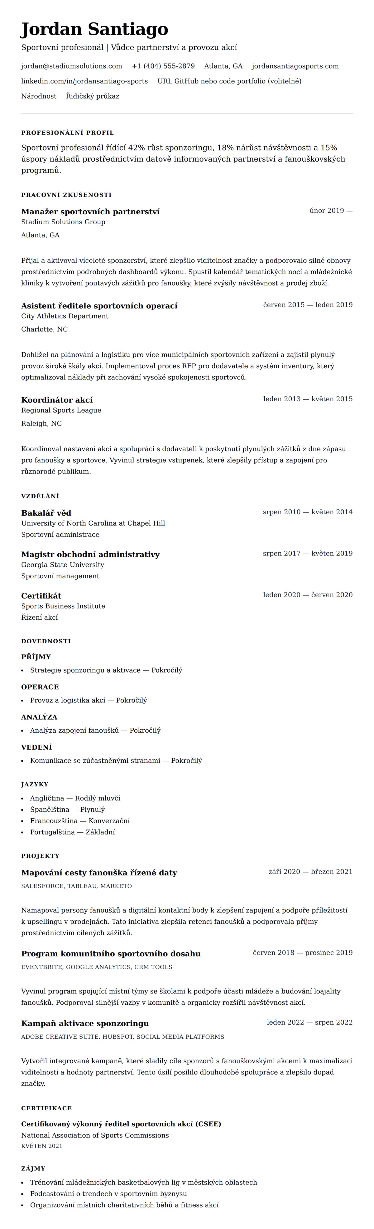 Náhled životopisu pro Příklad životopisu sportovního profesionála
