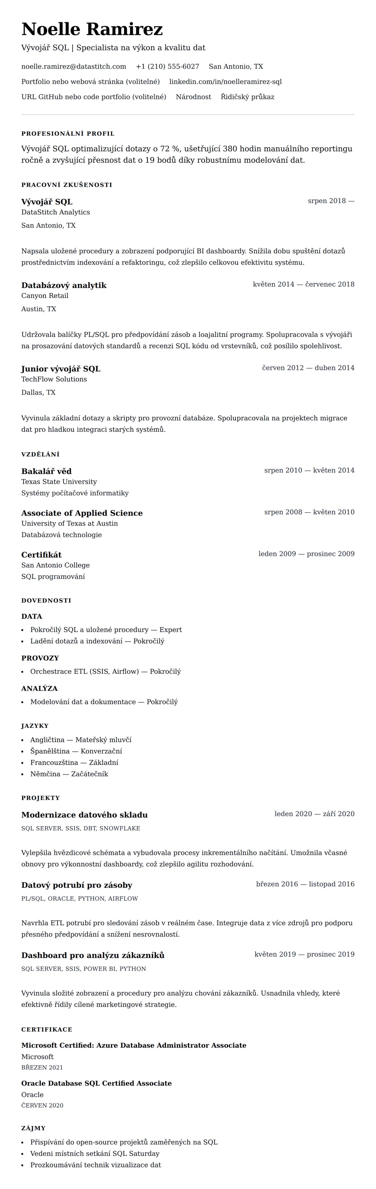 Náhled životopisu pro Příklad životopisu vývojáře SQL