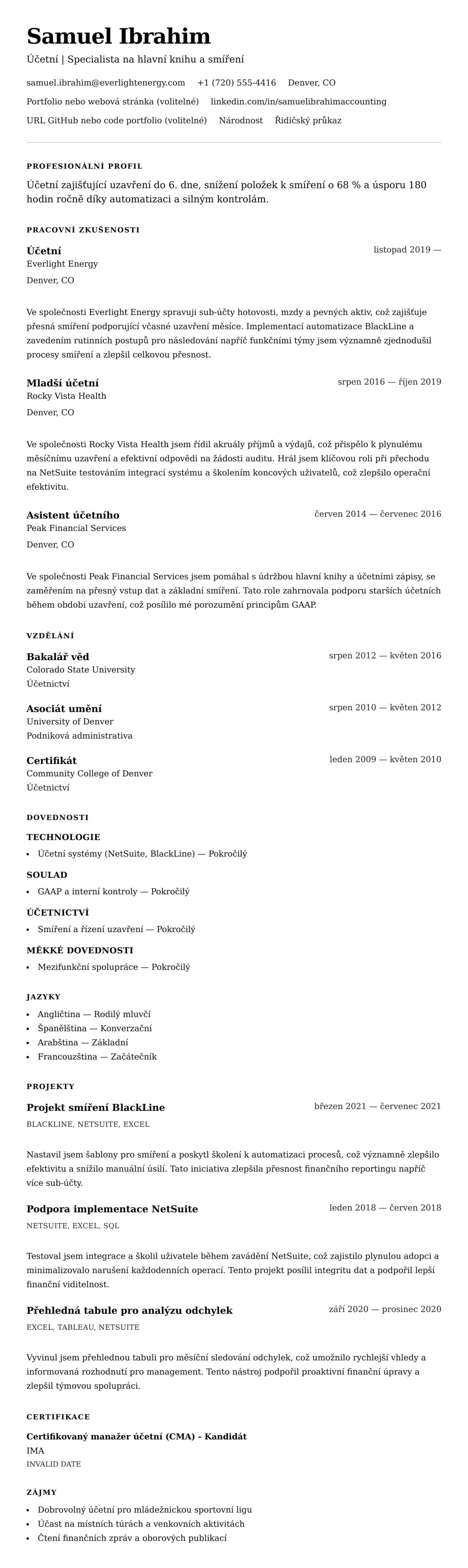 Náhled životopisu pro Příklad životopisu pro účetního