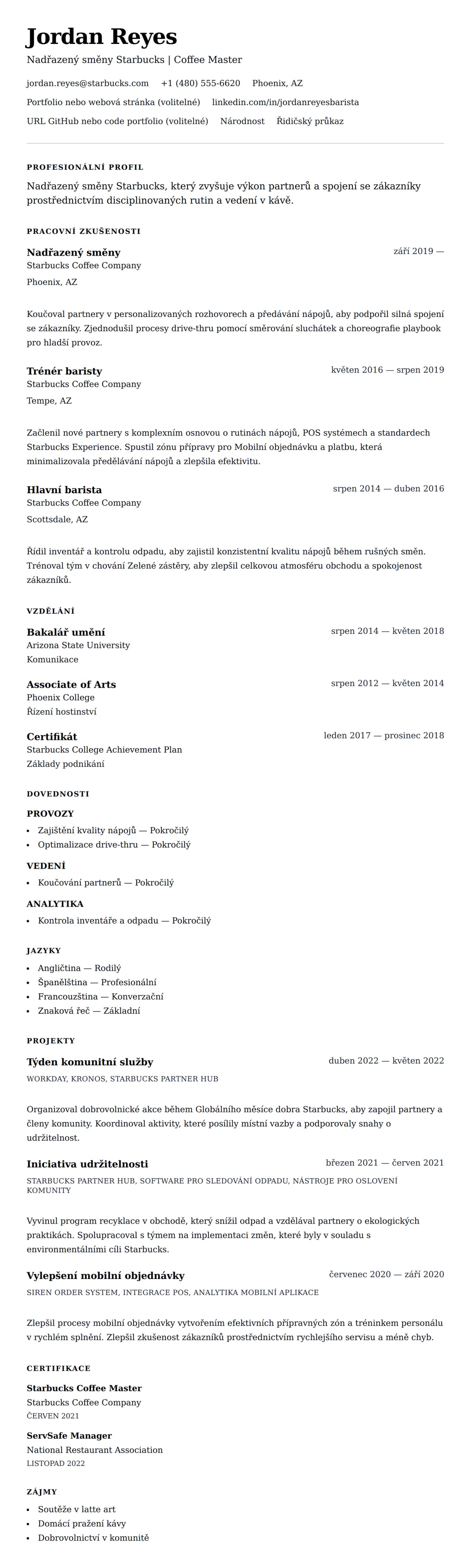 Náhled životopisu pro Příklad životopisu Nadřazeného směny Starbucks