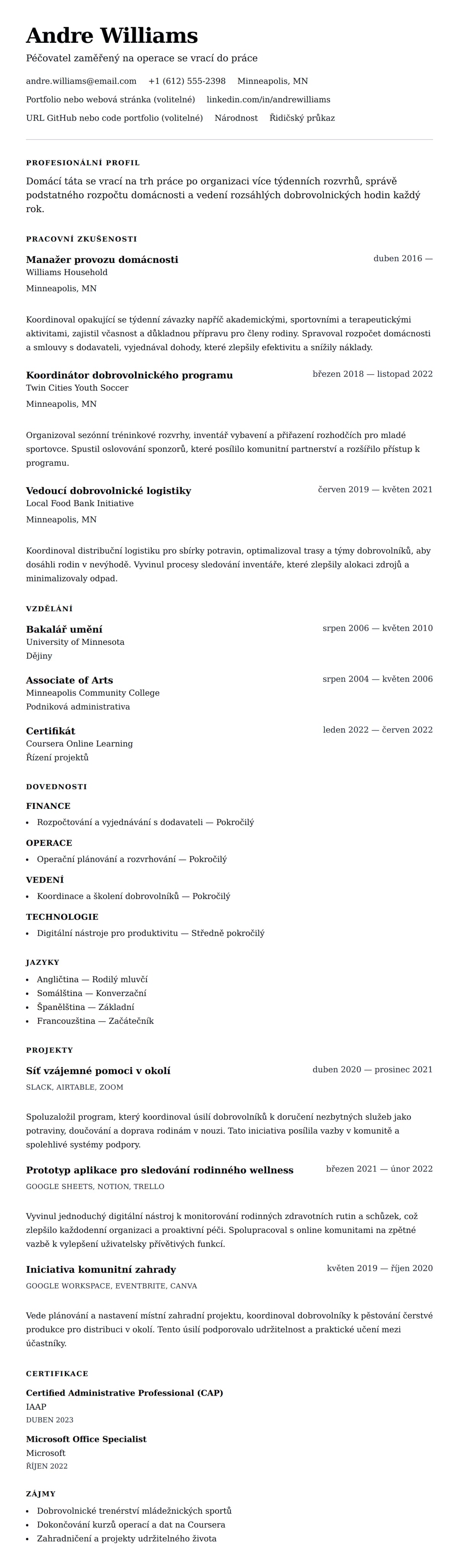 Náhled životopisu pro Příklad životopisu domácího táty