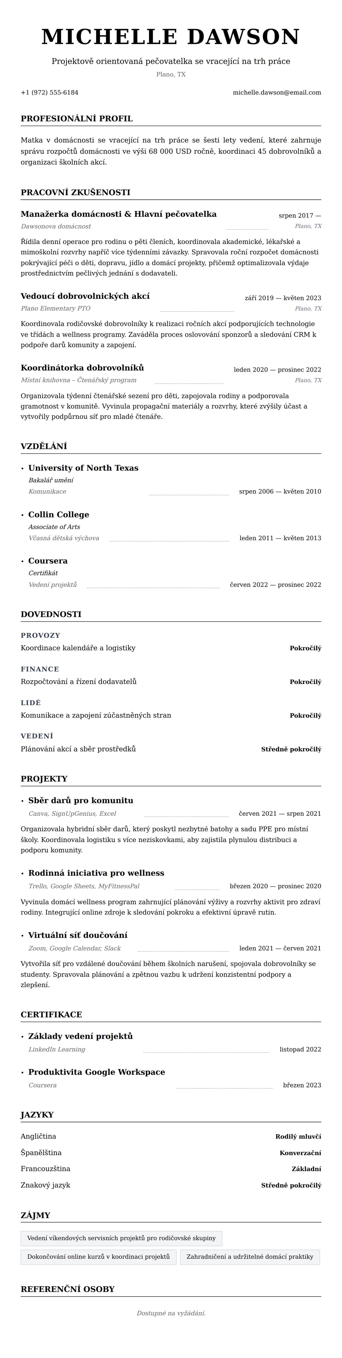 Náhled životopisu pro Příklad životopisu pro matku v domácnosti