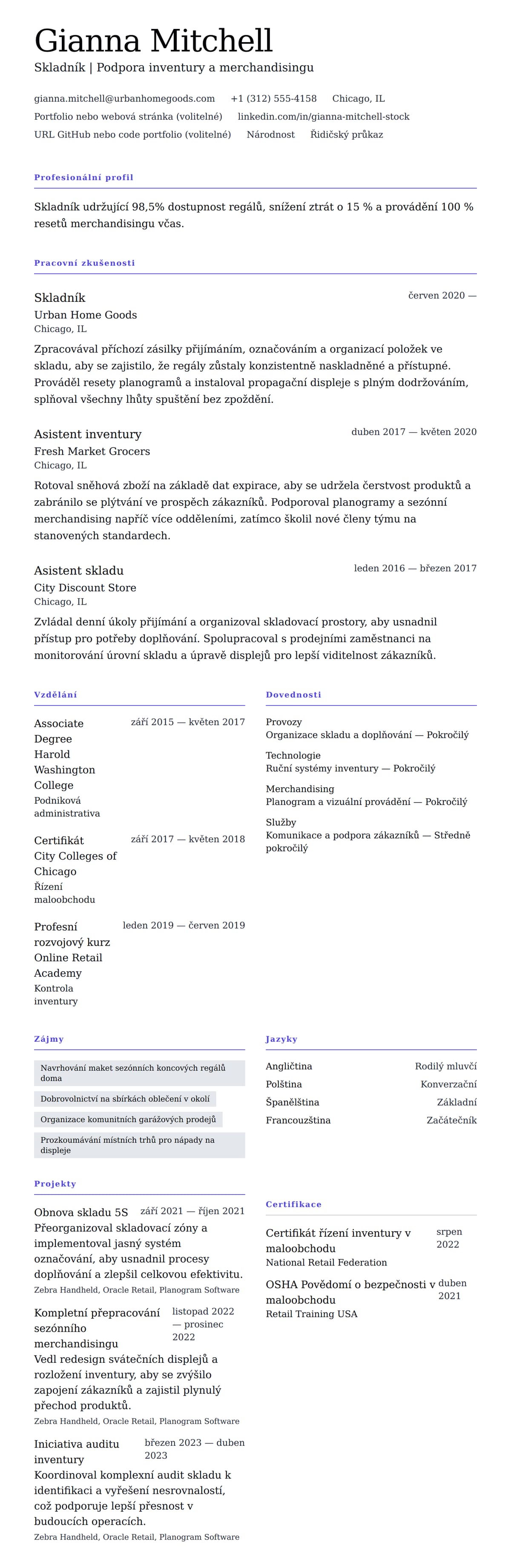 Náhled životopisu pro Příklad životopisu skladníka