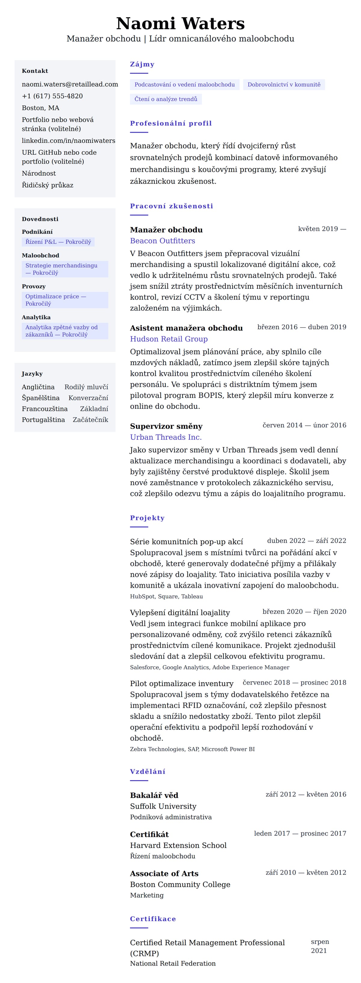 Náhled životopisu pro Příklad životopisu manažera obchodu