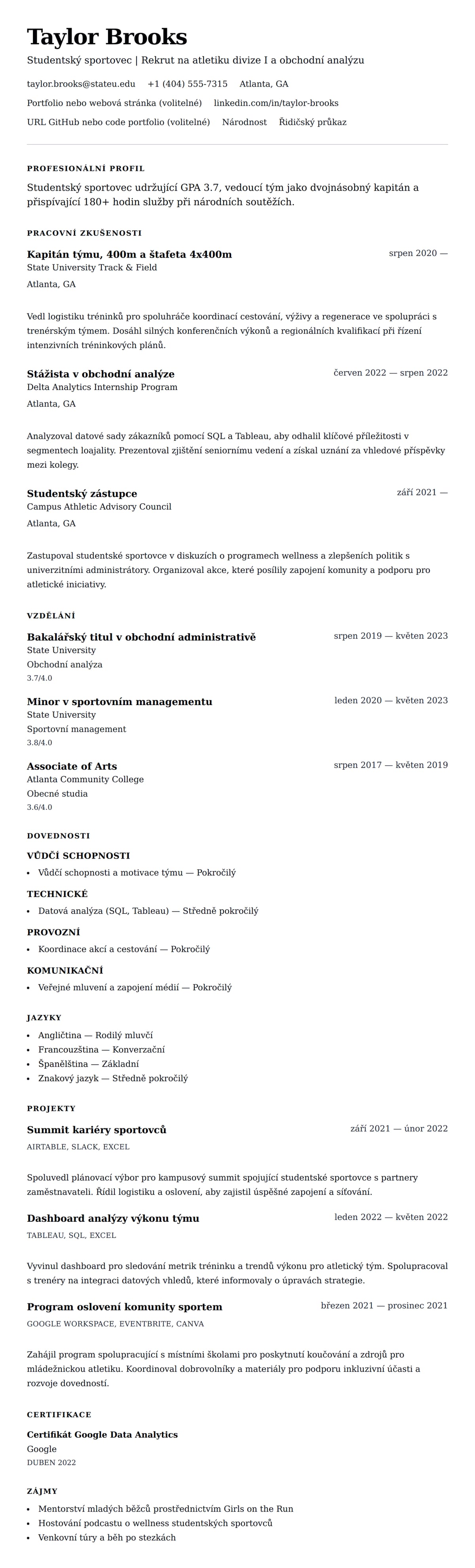 Náhled životopisu pro Příklad životopisu studentského sportovce