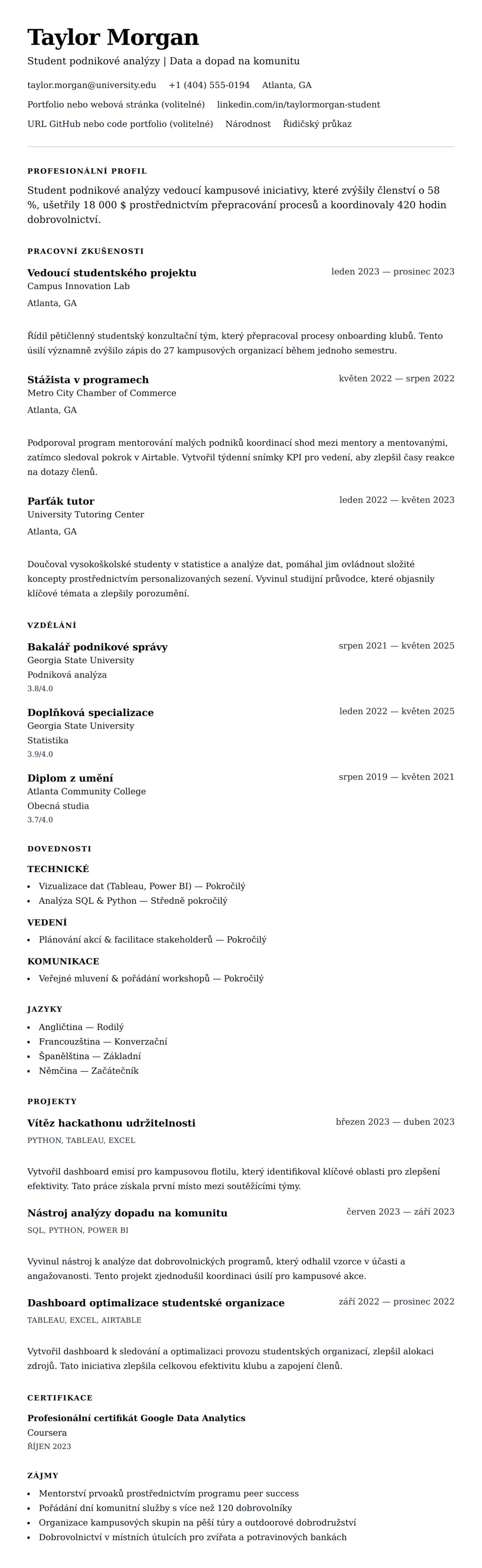 Náhled životopisu pro Příklad životopisu studenta