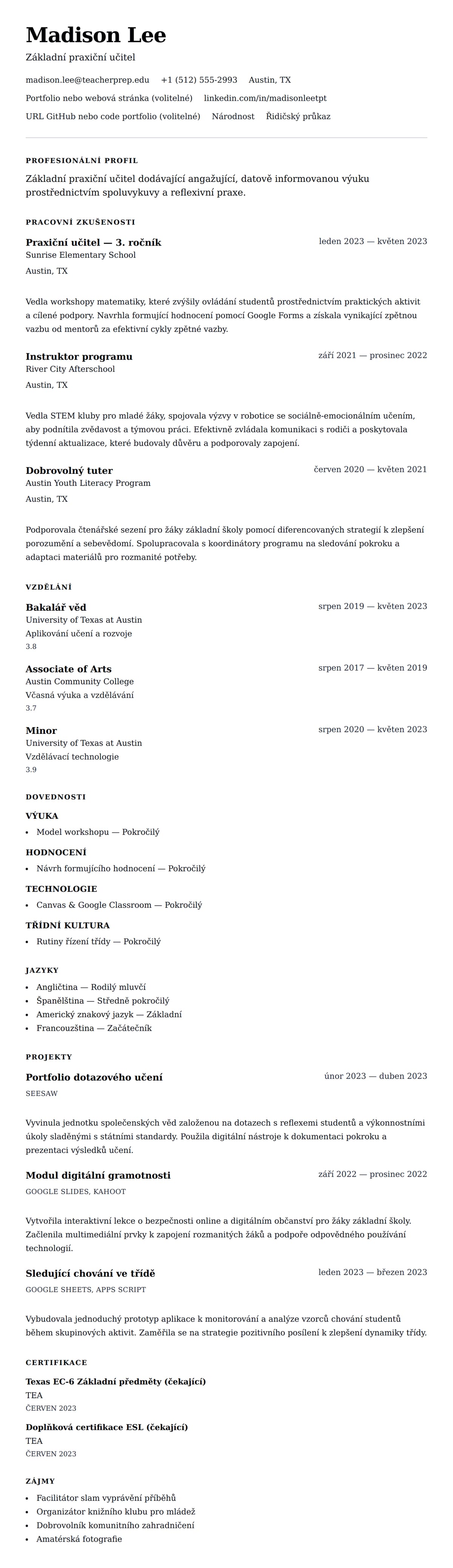 Náhled životopisu pro Příklad životopisu pro praxičního učitele