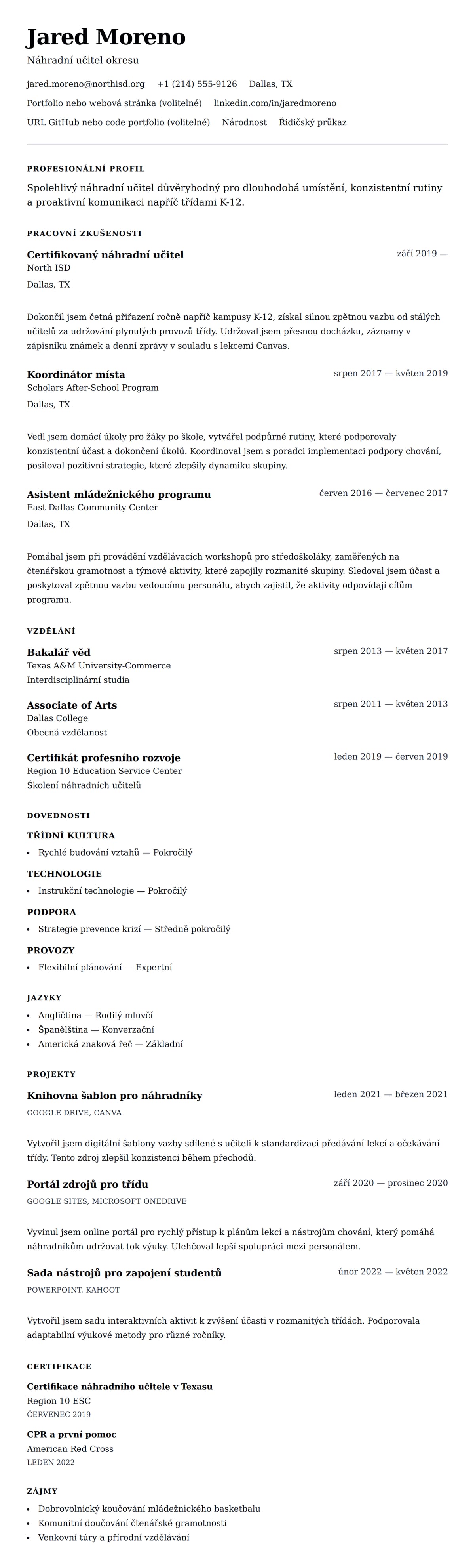 Náhled životopisu pro Příklad životopisu náhradního učitele