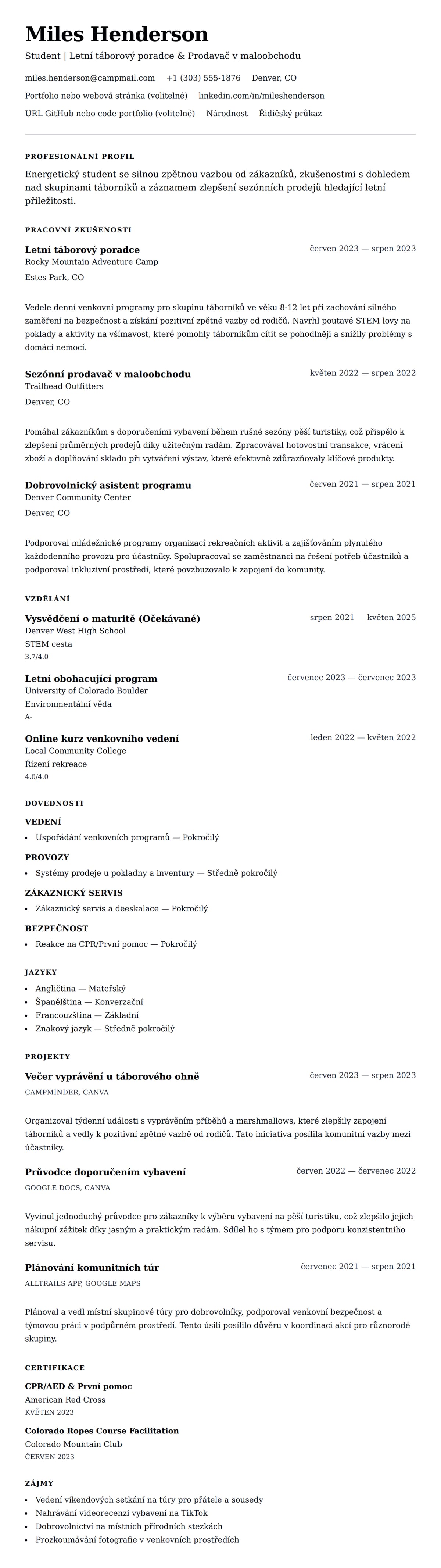 Náhled životopisu pro Příklad životopisu pro letní práci