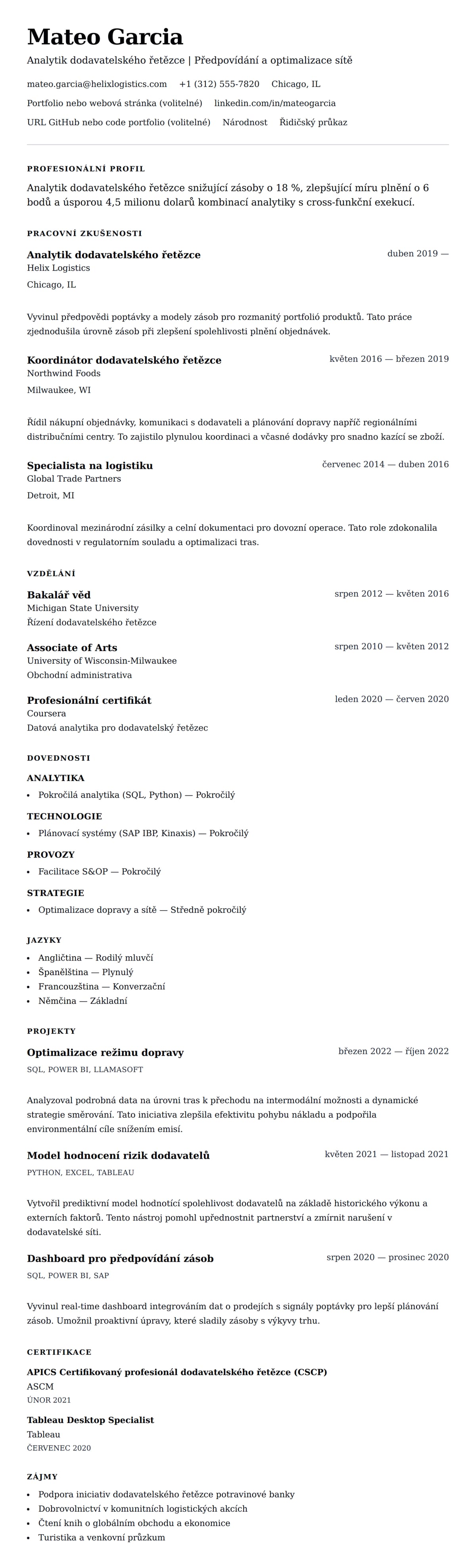 Náhled životopisu pro Příklad životopisu analytika dodavatelského řetězce