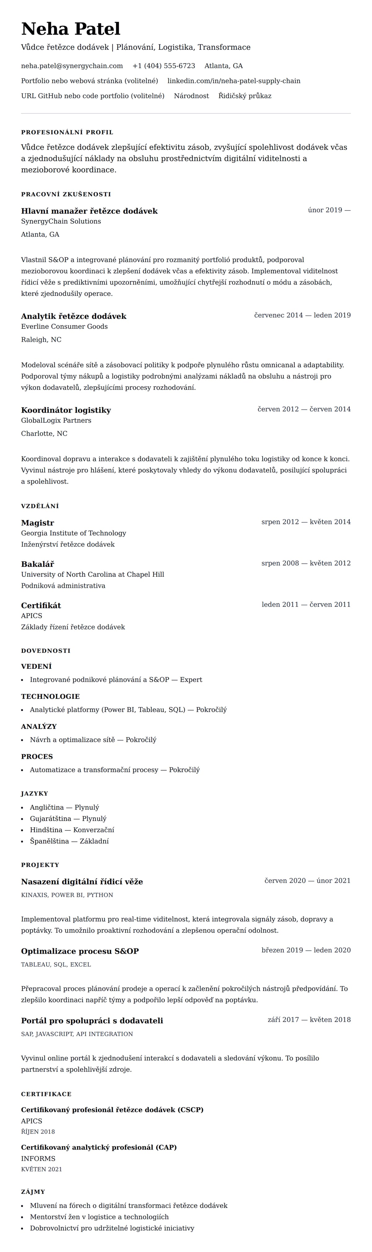 Náhled životopisu pro Příklad životopisu pro odborníka na řetězec dodávek
