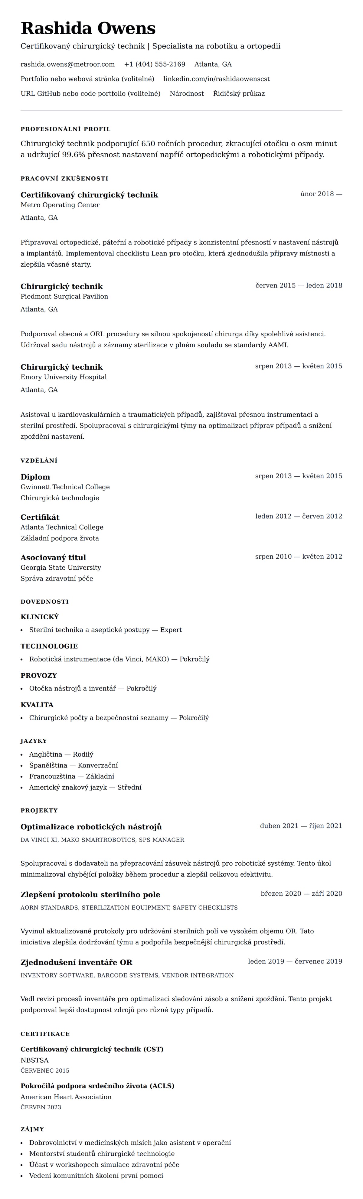 Náhled životopisu pro Příklad životopisu chirurgického technika