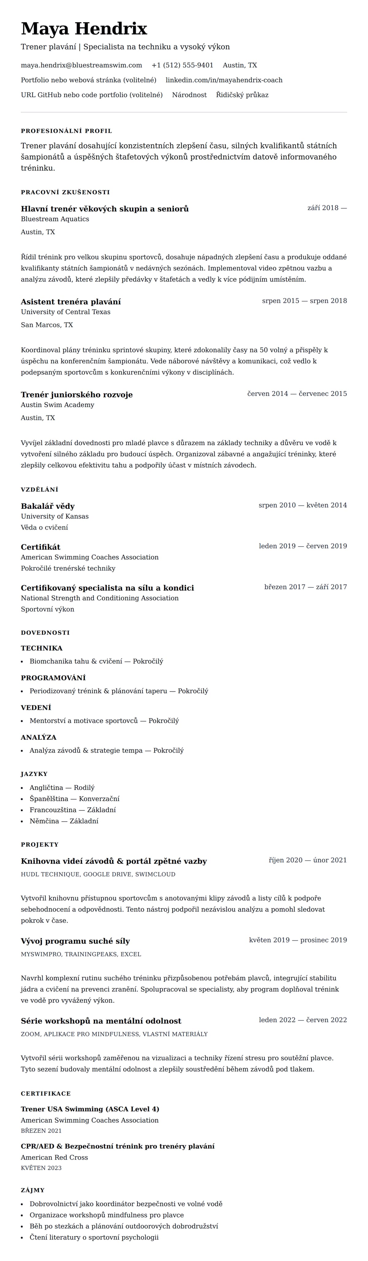 Náhled životopisu pro Příklad životopisu trenéra plavání