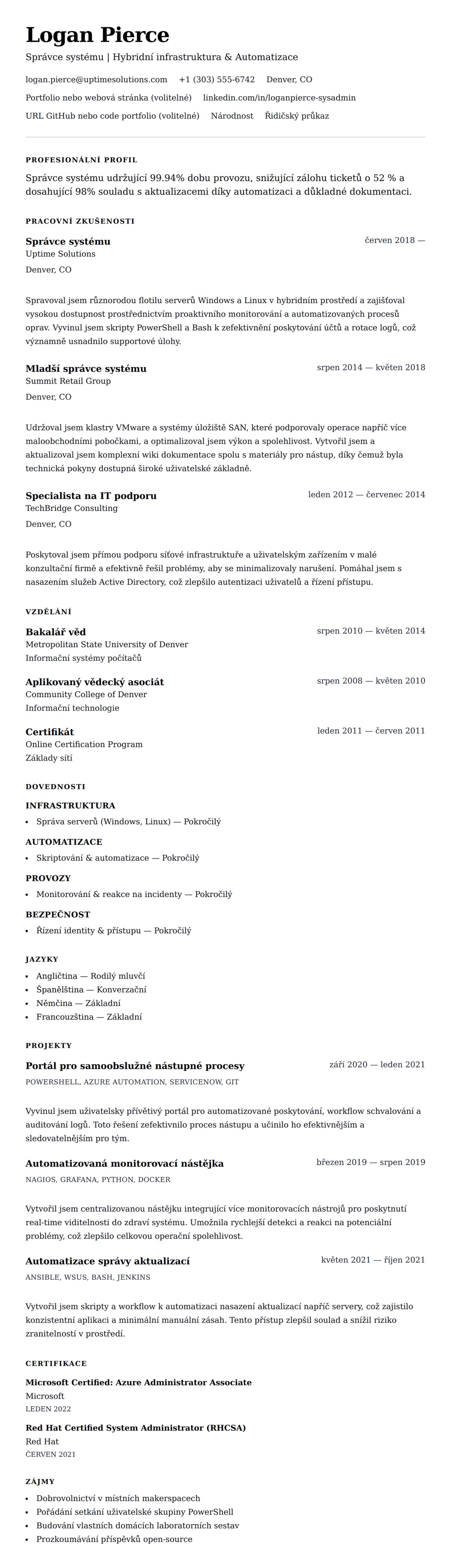 Náhled životopisu pro Příklad životopisu správce systému