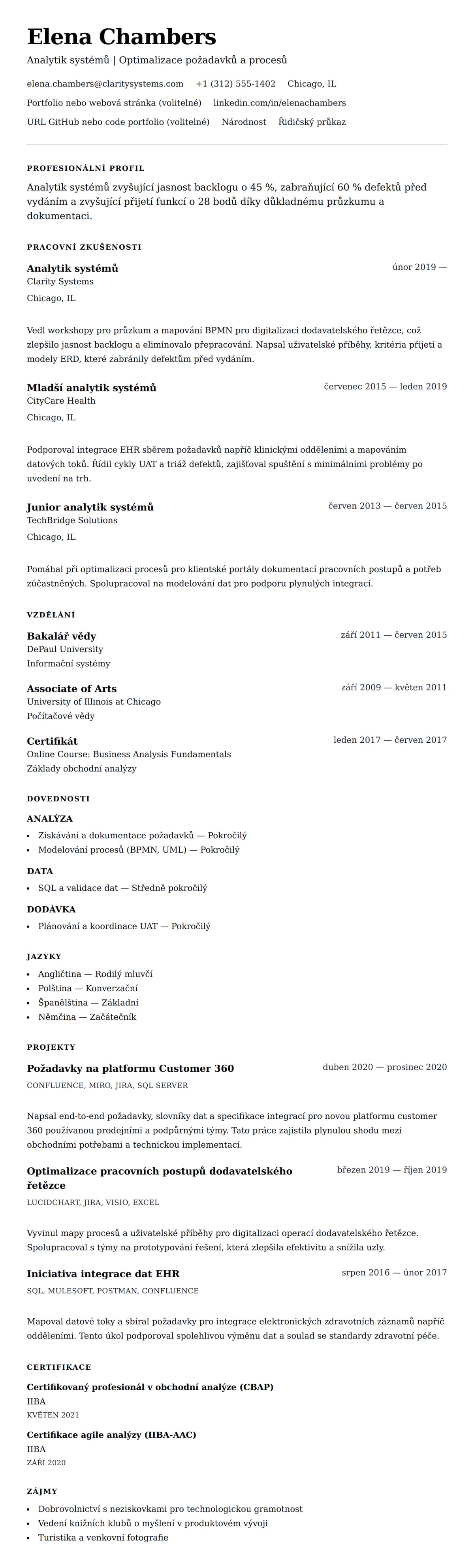 Náhled životopisu pro Příklad životopisu analytika systémů