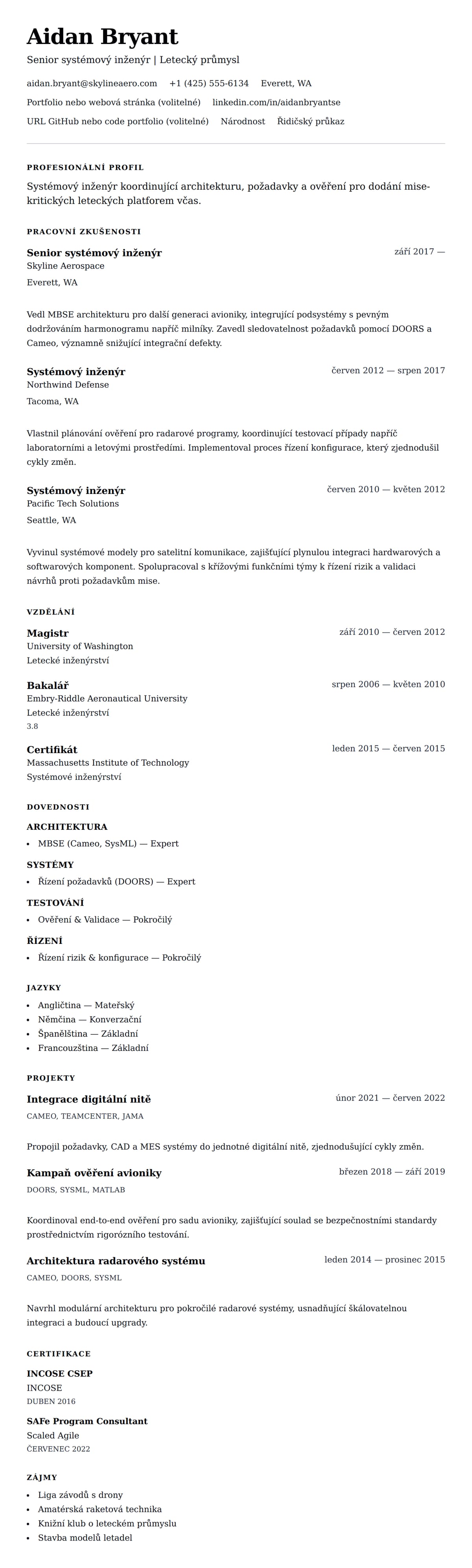 Náhled životopisu pro Příklad životopisu systémového inženýra