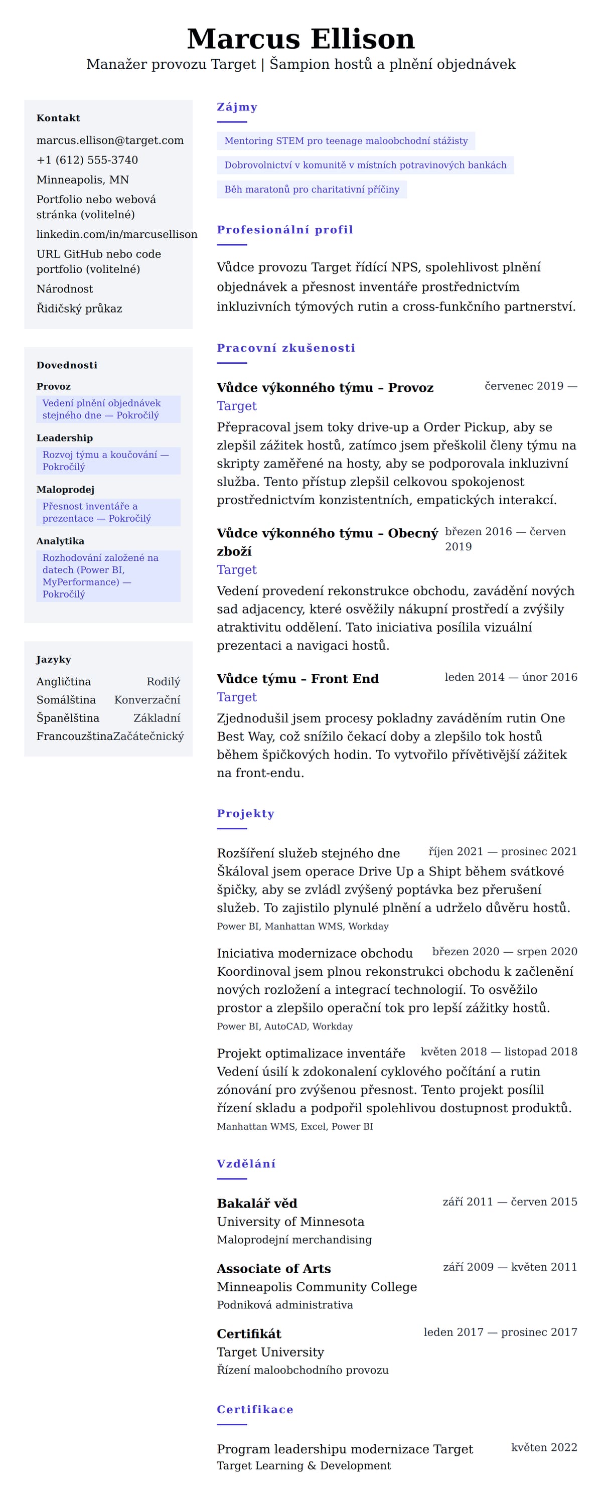 Náhled životopisu pro Příklad životopisu Manažera provozu Target